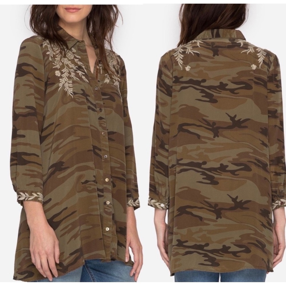 Johnny Was Workshop Lennon Swing Tunic 100% Silk Camo L Brown Embroidered